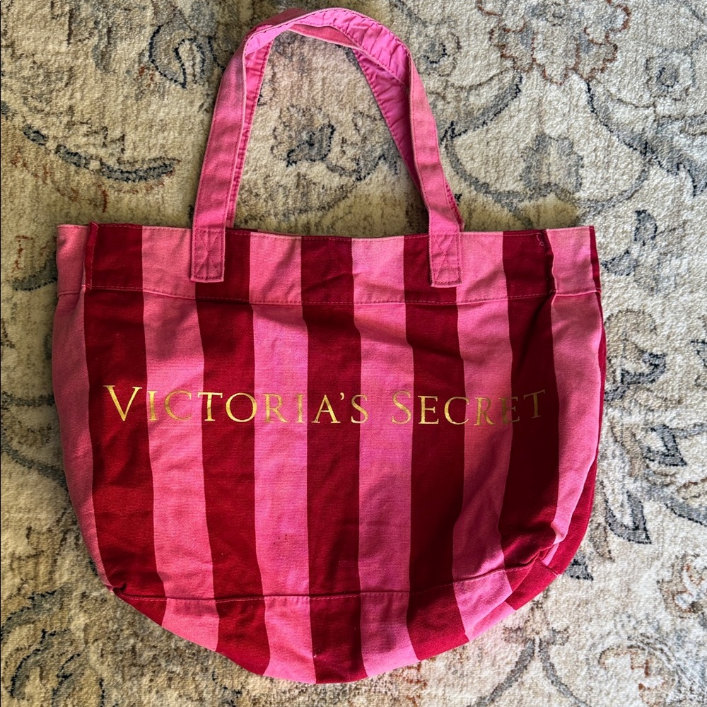 Victoria's Secret Pink & Red Stripe Canvas Tote/Beach/Shoulder Bag